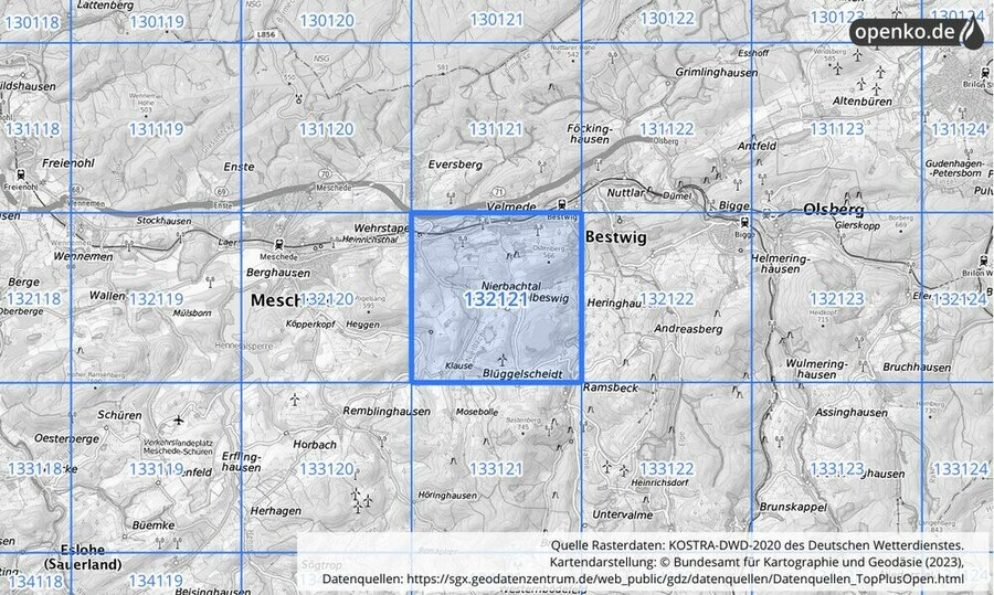 Übersichtskarte des KOSTRA-DWD-2020-Rasterfeldes Nr. 132121