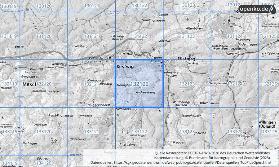 Übersichtskarte des KOSTRA-DWD-2020-Rasterfeldes Nr. 132122