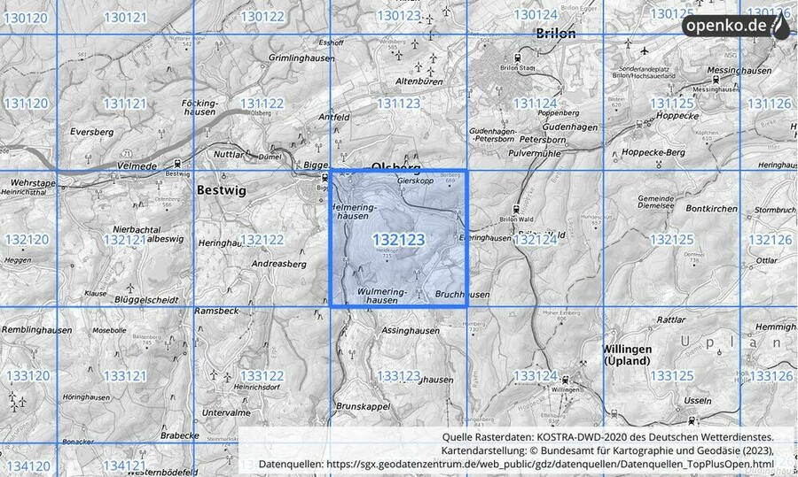 Übersichtskarte des KOSTRA-DWD-2020-Rasterfeldes Nr. 132123