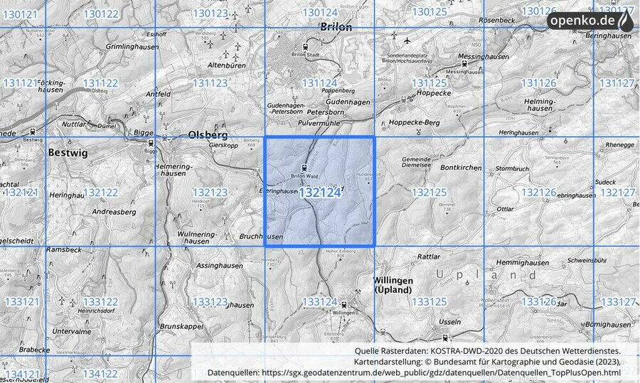 Übersichtskarte des KOSTRA-DWD-2020-Rasterfeldes Nr. 132124