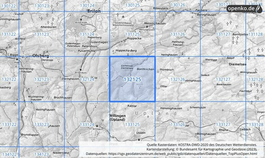 Übersichtskarte des KOSTRA-DWD-2020-Rasterfeldes Nr. 132125