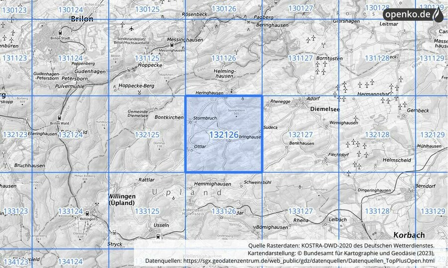 Übersichtskarte des KOSTRA-DWD-2020-Rasterfeldes Nr. 132126