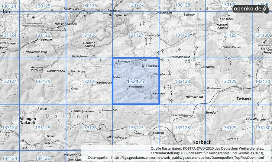 Übersichtskarte des KOSTRA-DWD-2020-Rasterfeldes Nr. 132127