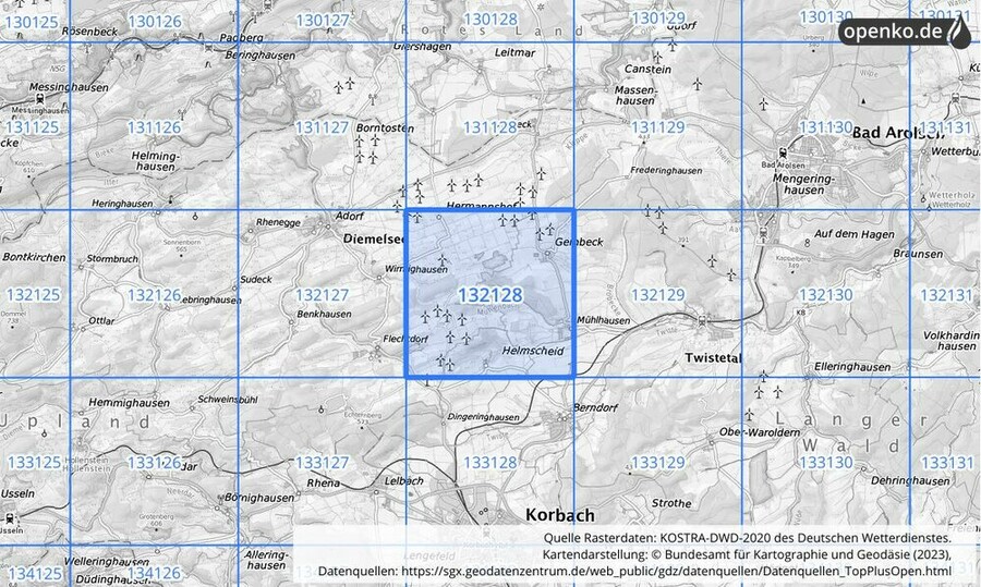 Übersichtskarte des KOSTRA-DWD-2020-Rasterfeldes Nr. 132128