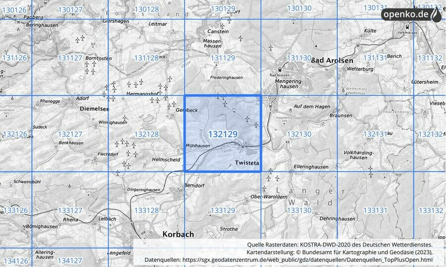 Übersichtskarte des KOSTRA-DWD-2020-Rasterfeldes Nr. 132129