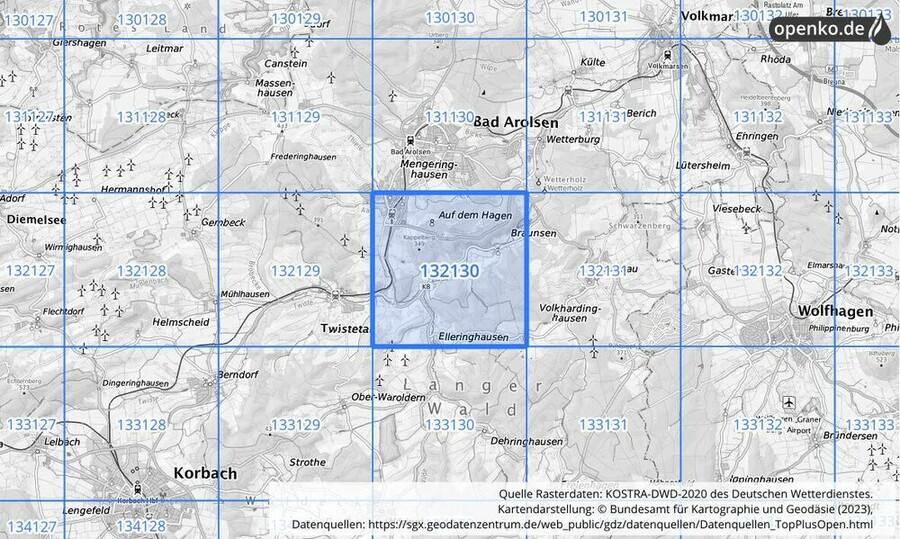 Übersichtskarte des KOSTRA-DWD-2020-Rasterfeldes Nr. 132130