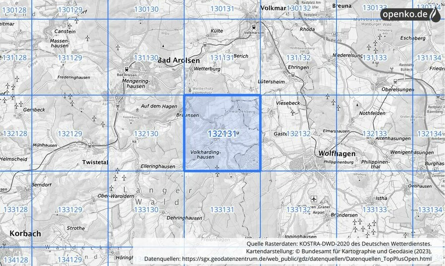 Übersichtskarte des KOSTRA-DWD-2020-Rasterfeldes Nr. 132131