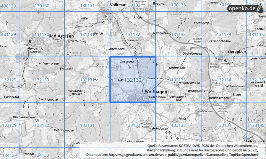 Übersichtskarte des KOSTRA-DWD-2020-Rasterfeldes Nr. 132132