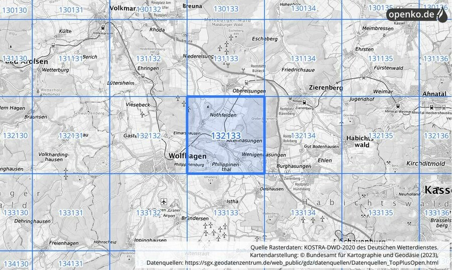 Übersichtskarte des KOSTRA-DWD-2020-Rasterfeldes Nr. 132133