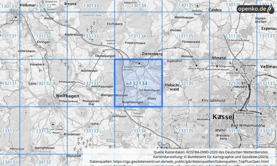 Übersichtskarte des KOSTRA-DWD-2020-Rasterfeldes Nr. 132134