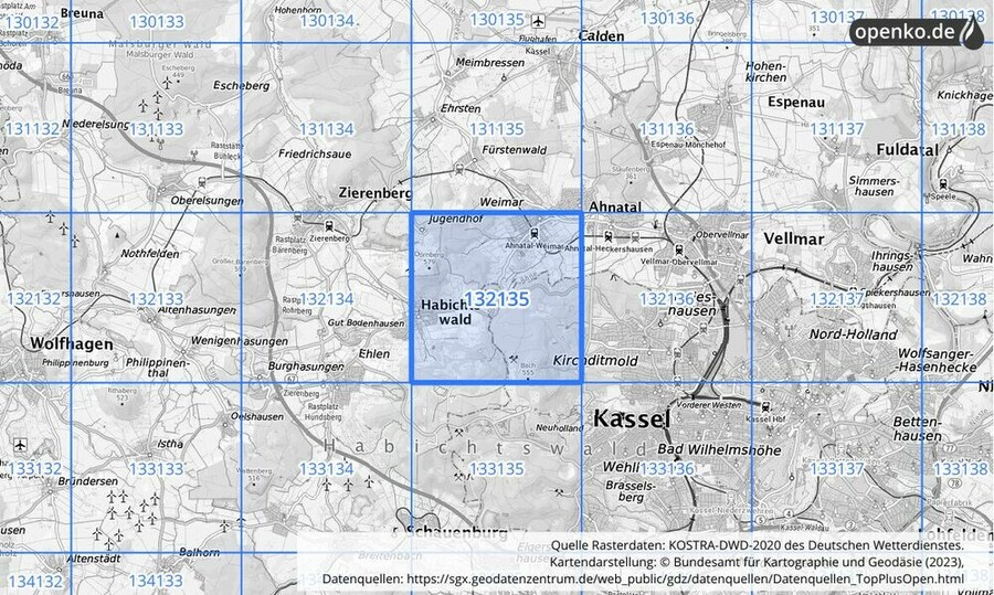 Übersichtskarte des KOSTRA-DWD-2020-Rasterfeldes Nr. 132135