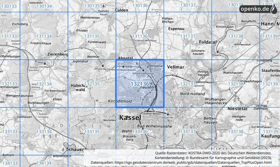 Übersichtskarte des KOSTRA-DWD-2020-Rasterfeldes Nr. 132136