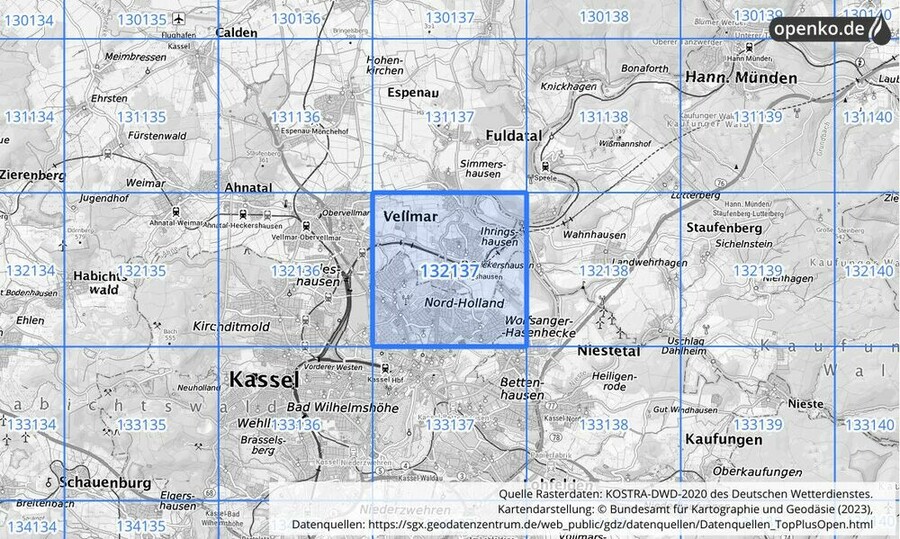 Übersichtskarte des KOSTRA-DWD-2020-Rasterfeldes Nr. 132137