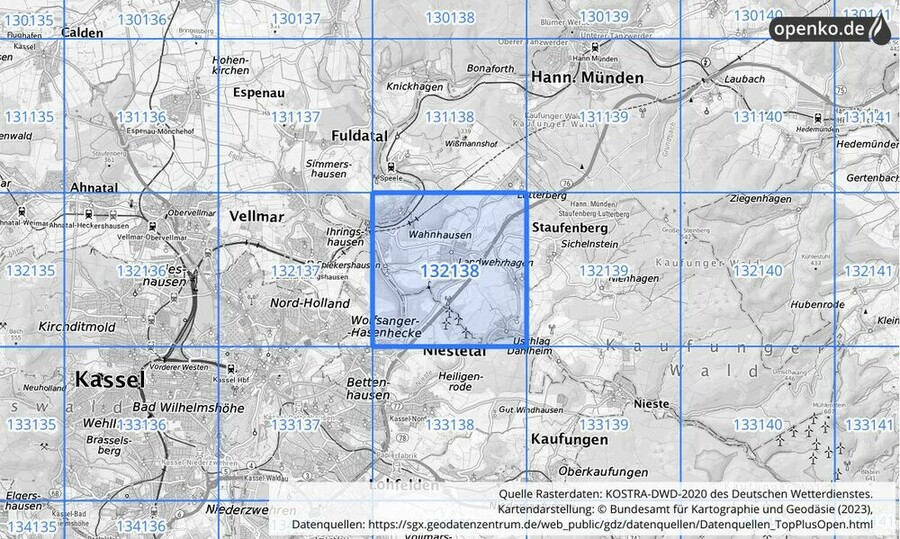 Übersichtskarte des KOSTRA-DWD-2020-Rasterfeldes Nr. 132138