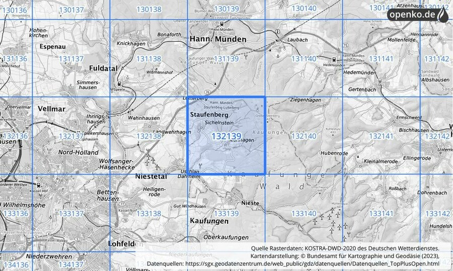 Übersichtskarte des KOSTRA-DWD-2020-Rasterfeldes Nr. 132139