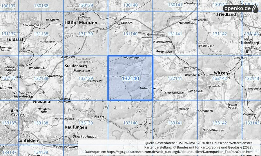 Übersichtskarte des KOSTRA-DWD-2020-Rasterfeldes Nr. 132140