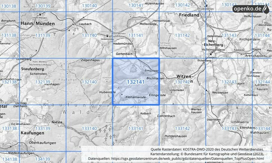 Übersichtskarte des KOSTRA-DWD-2020-Rasterfeldes Nr. 132141