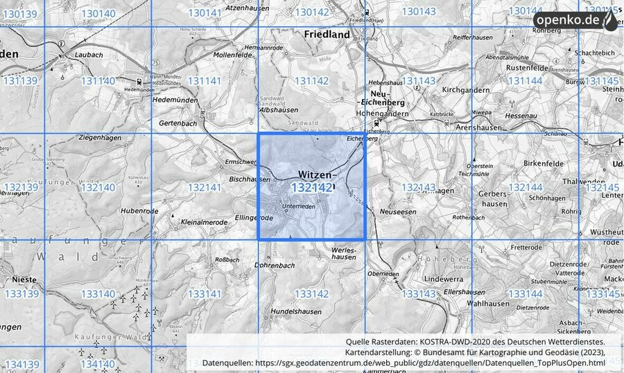 Übersichtskarte des KOSTRA-DWD-2020-Rasterfeldes Nr. 132142