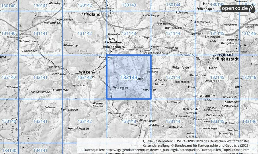 Übersichtskarte des KOSTRA-DWD-2020-Rasterfeldes Nr. 132143