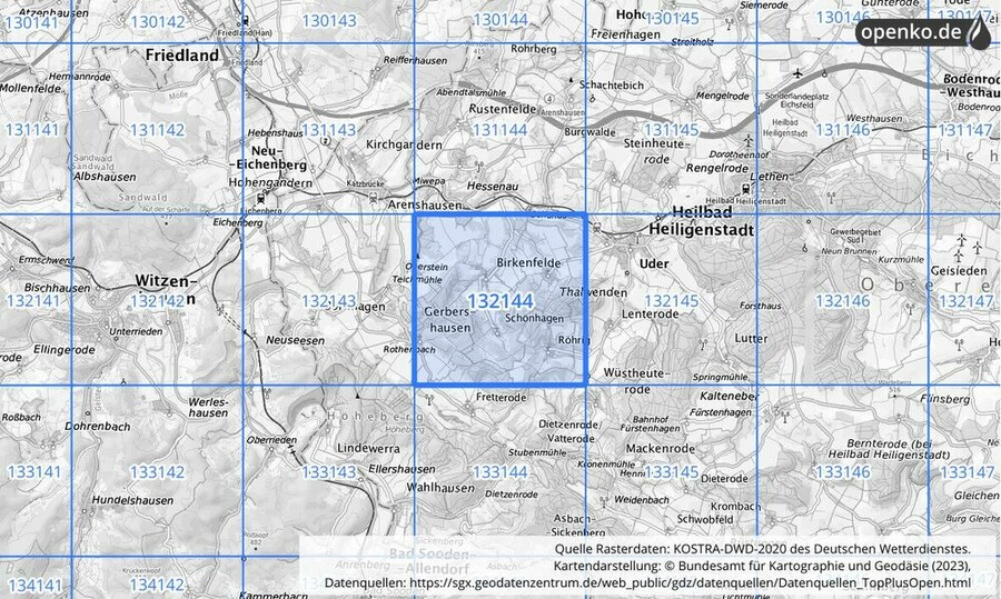 Übersichtskarte des KOSTRA-DWD-2020-Rasterfeldes Nr. 132144