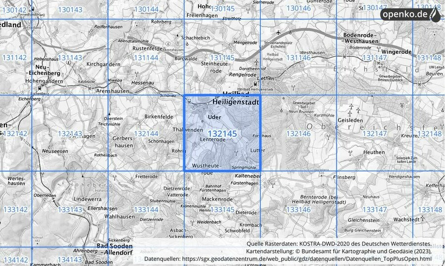 Übersichtskarte des KOSTRA-DWD-2020-Rasterfeldes Nr. 132145