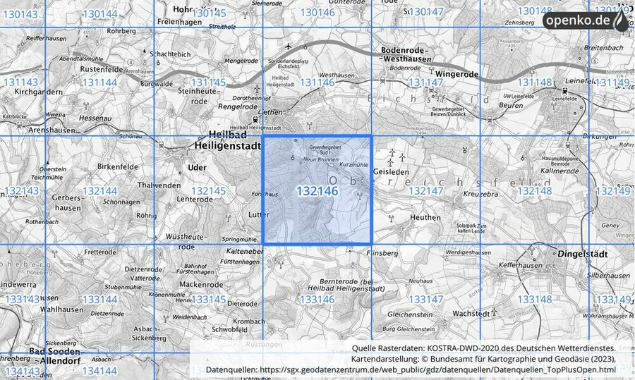 Übersichtskarte des KOSTRA-DWD-2020-Rasterfeldes Nr. 132146