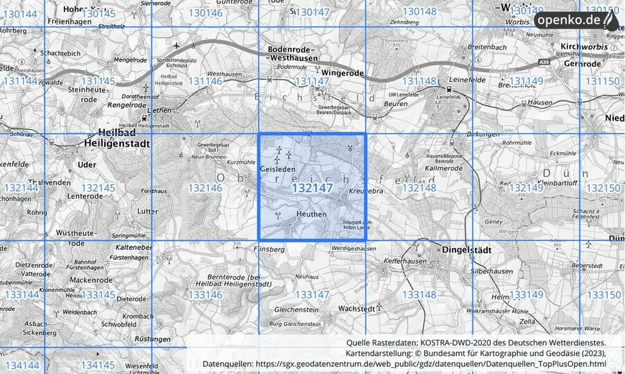 Übersichtskarte des KOSTRA-DWD-2020-Rasterfeldes Nr. 132147