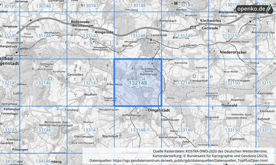 Übersichtskarte des KOSTRA-DWD-2020-Rasterfeldes Nr. 132148