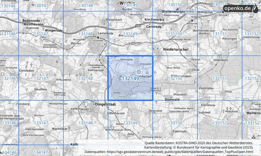 Übersichtskarte des KOSTRA-DWD-2020-Rasterfeldes Nr. 132149