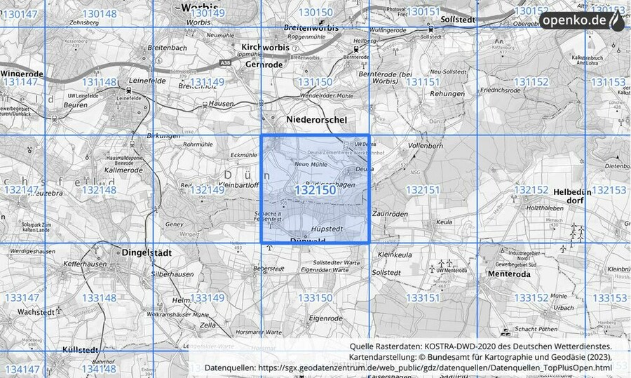 Übersichtskarte des KOSTRA-DWD-2020-Rasterfeldes Nr. 132150