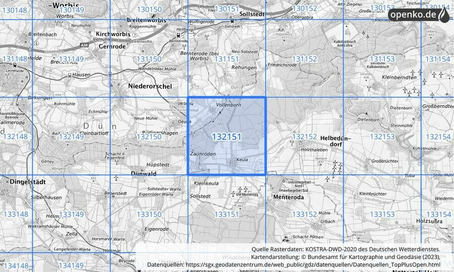 Übersichtskarte des KOSTRA-DWD-2020-Rasterfeldes Nr. 132151