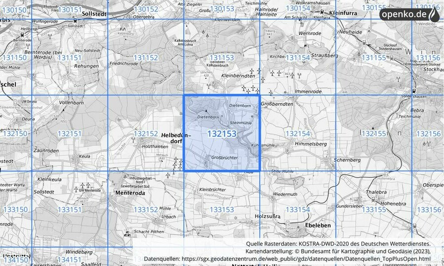 Übersichtskarte des KOSTRA-DWD-2020-Rasterfeldes Nr. 132153