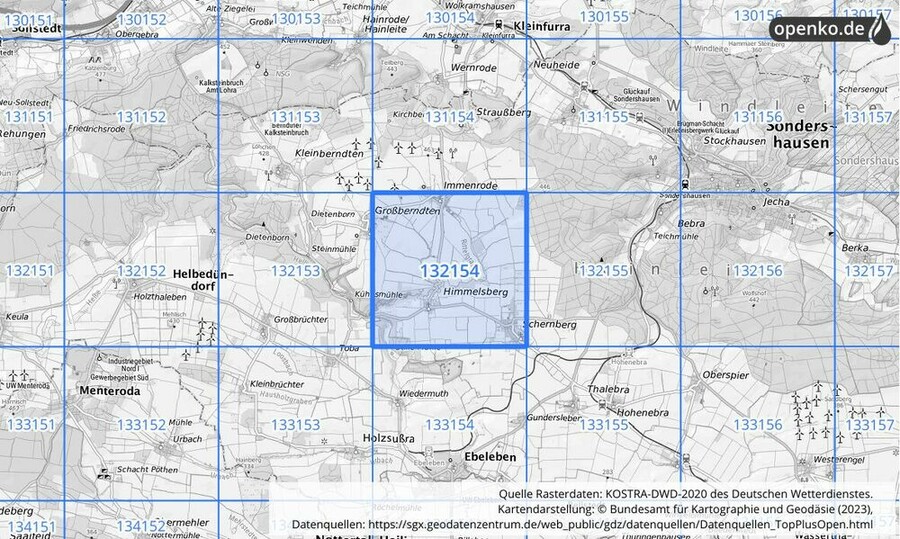 Übersichtskarte des KOSTRA-DWD-2020-Rasterfeldes Nr. 132154