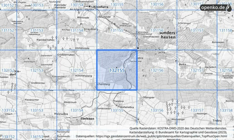 Übersichtskarte des KOSTRA-DWD-2020-Rasterfeldes Nr. 132155