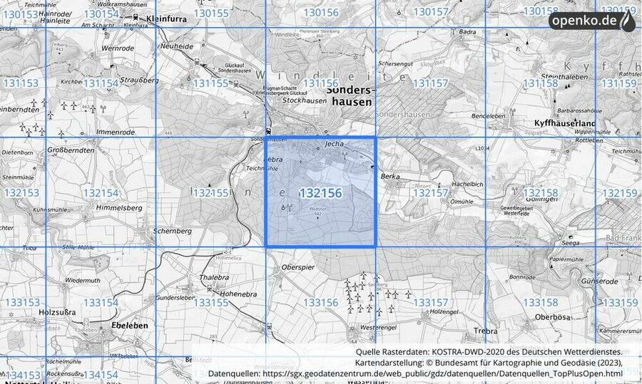 Übersichtskarte des KOSTRA-DWD-2020-Rasterfeldes Nr. 132156