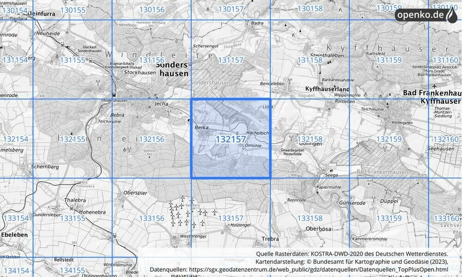 Übersichtskarte des KOSTRA-DWD-2020-Rasterfeldes Nr. 132157