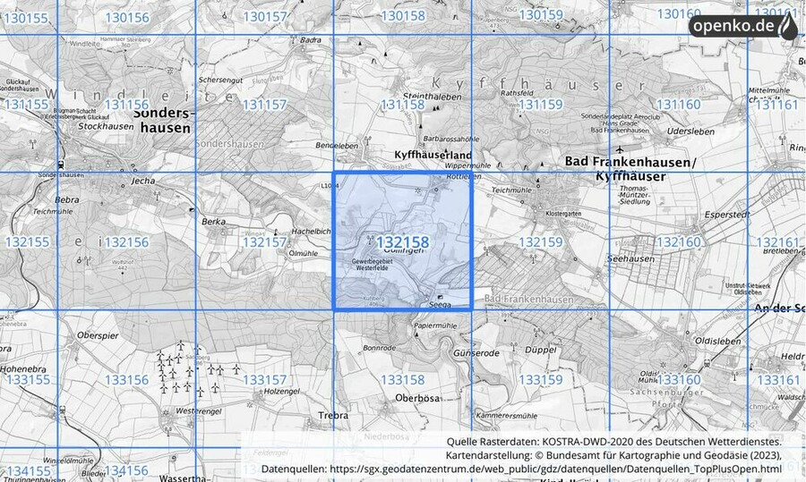 Übersichtskarte des KOSTRA-DWD-2020-Rasterfeldes Nr. 132158