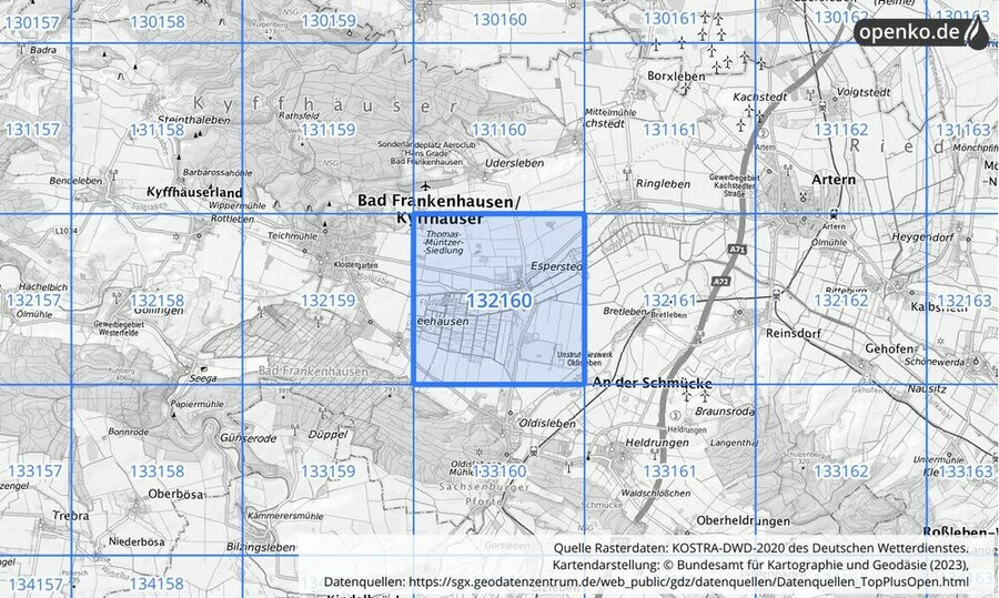 Übersichtskarte des KOSTRA-DWD-2020-Rasterfeldes Nr. 132160