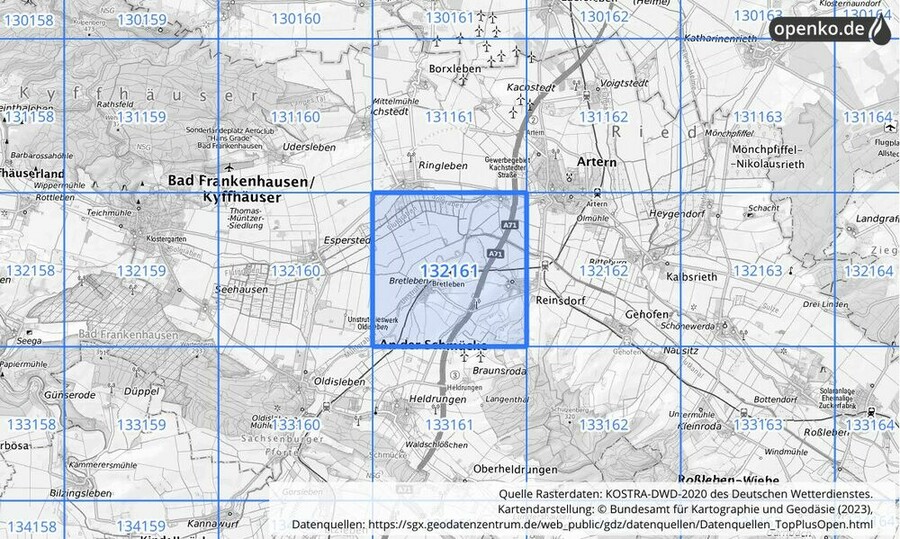 Übersichtskarte des KOSTRA-DWD-2020-Rasterfeldes Nr. 132161