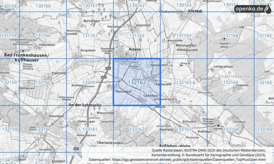 Übersichtskarte des KOSTRA-DWD-2020-Rasterfeldes Nr. 132162