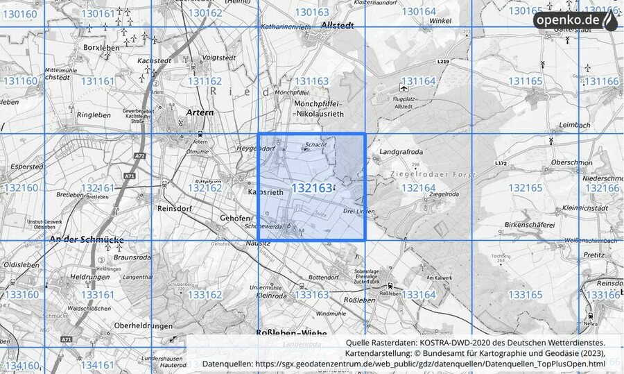 Übersichtskarte des KOSTRA-DWD-2020-Rasterfeldes Nr. 132163