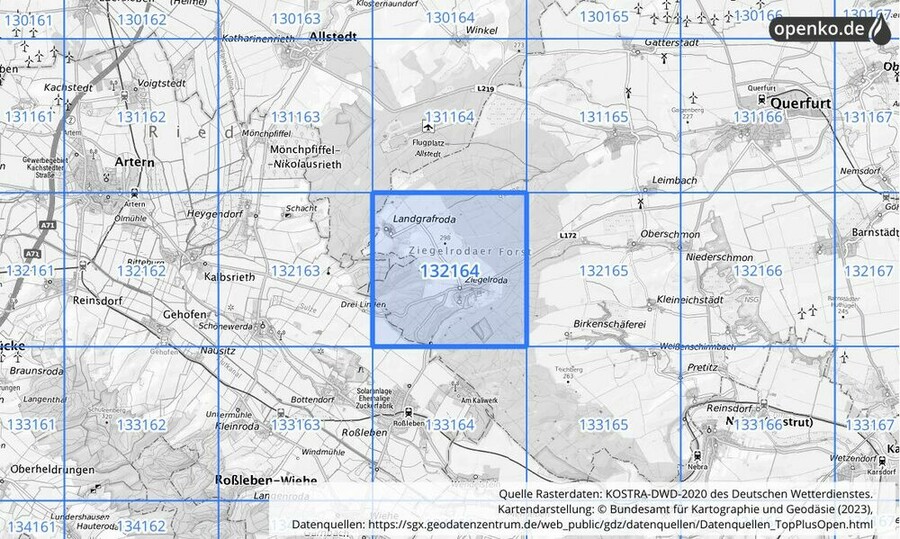 Übersichtskarte des KOSTRA-DWD-2020-Rasterfeldes Nr. 132164