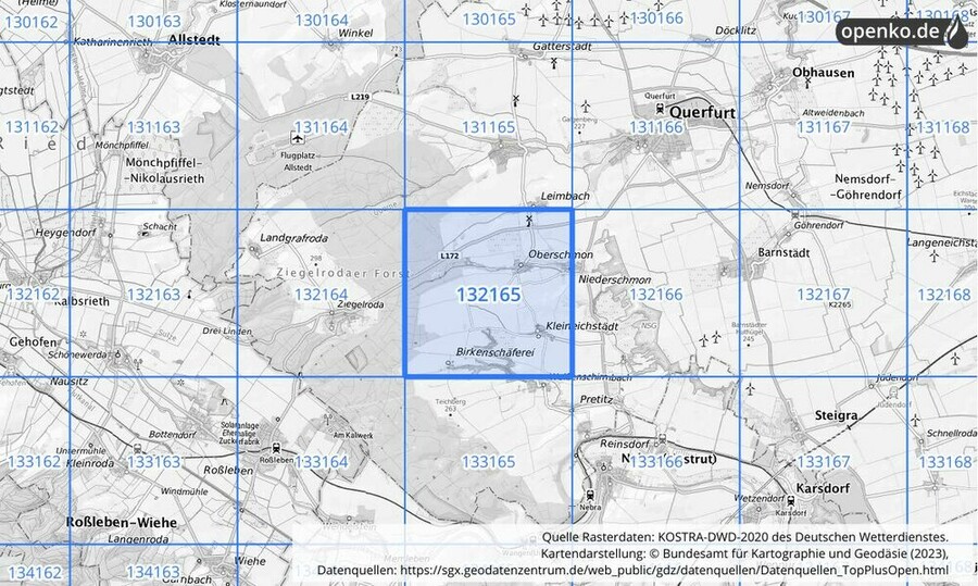 Übersichtskarte des KOSTRA-DWD-2020-Rasterfeldes Nr. 132165