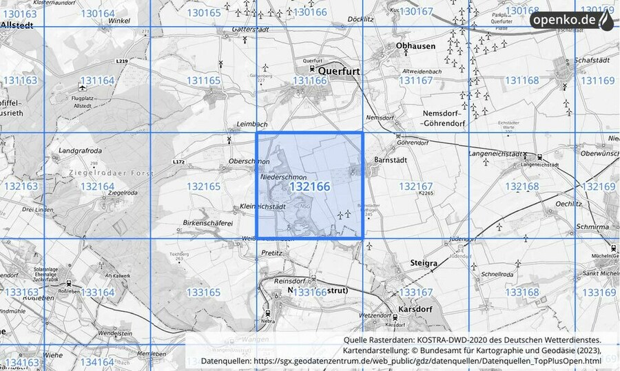 Übersichtskarte des KOSTRA-DWD-2020-Rasterfeldes Nr. 132166