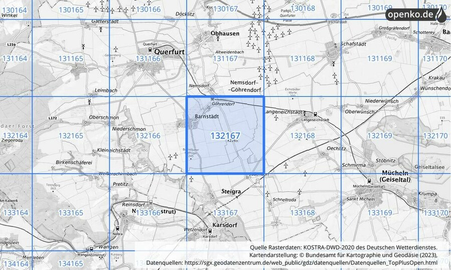 Übersichtskarte des KOSTRA-DWD-2020-Rasterfeldes Nr. 132167