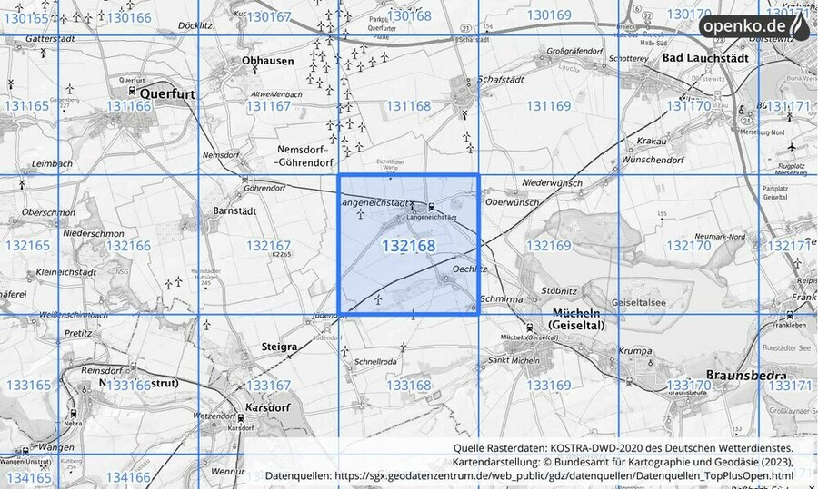 Übersichtskarte des KOSTRA-DWD-2020-Rasterfeldes Nr. 132168