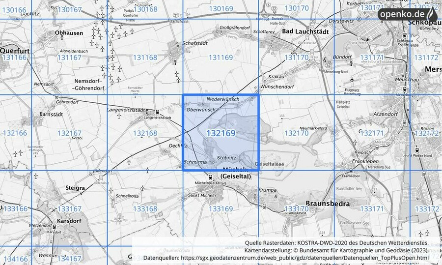 Übersichtskarte des KOSTRA-DWD-2020-Rasterfeldes Nr. 132169