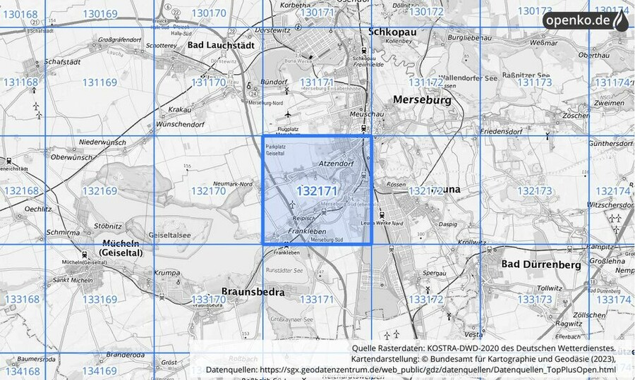 Übersichtskarte des KOSTRA-DWD-2020-Rasterfeldes Nr. 132171