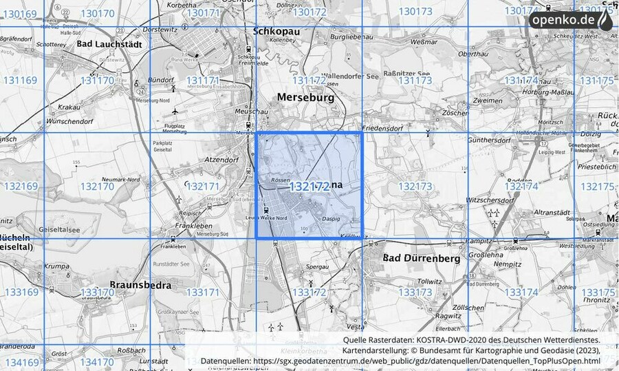 Übersichtskarte des KOSTRA-DWD-2020-Rasterfeldes Nr. 132172