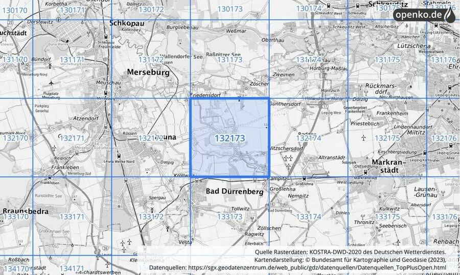 Übersichtskarte des KOSTRA-DWD-2020-Rasterfeldes Nr. 132173